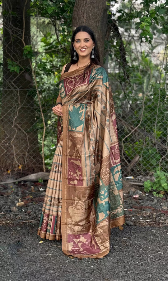Beige Multicolour striped tussar silk saree for woman .
