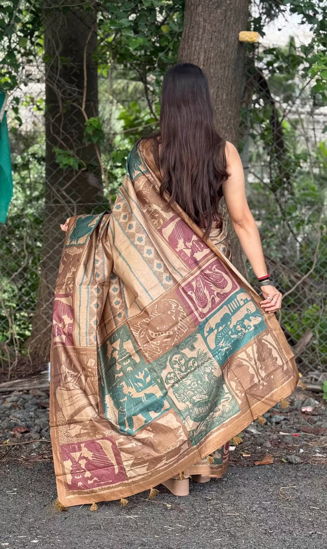 Beige Multicolour striped tussar silk saree by Ethnic Today.