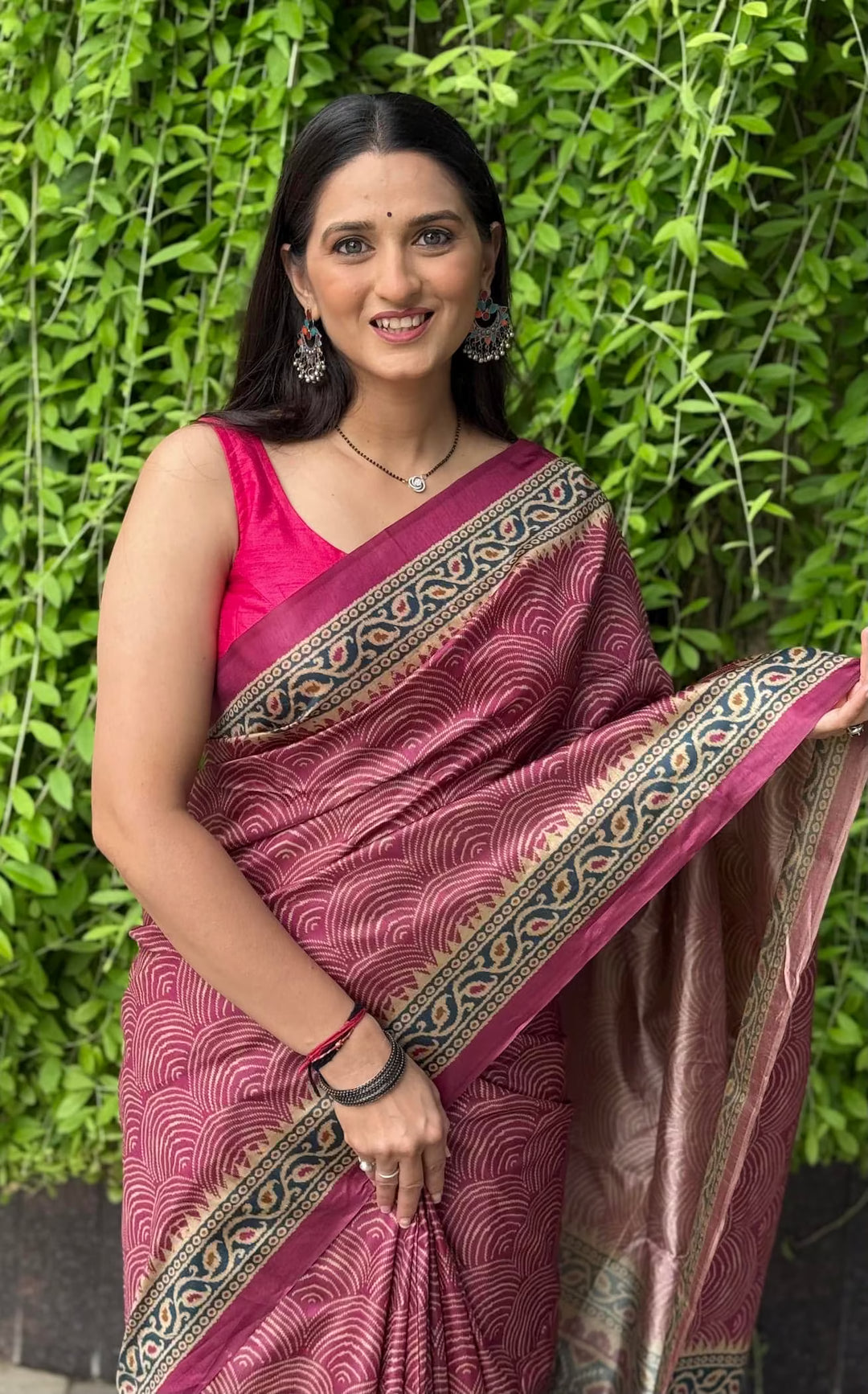 Rani color Wave printed saree by Ethnic Today. 