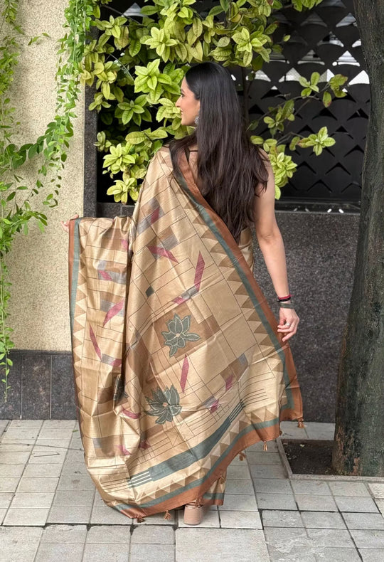 Beige Geometric with Temple border printed saree by Ethnic Today.