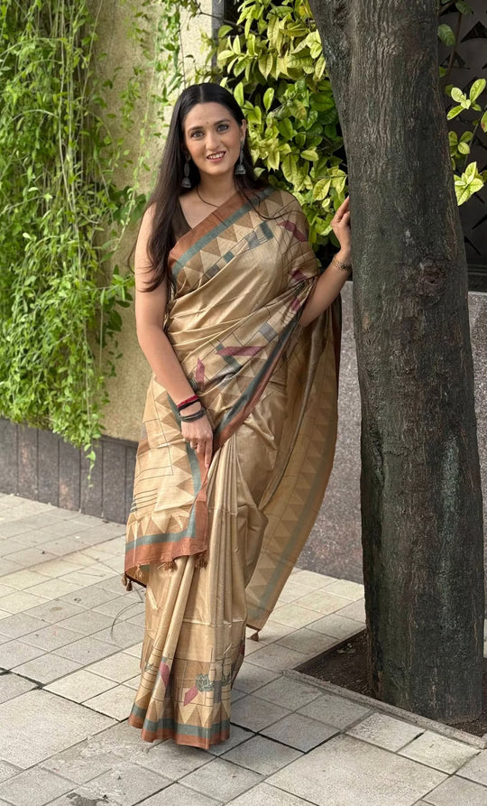 Beige geometric print saree in tussar silk for woman.