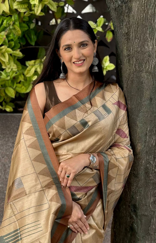 Beige Geometric print saree for women by Ethnic Today.