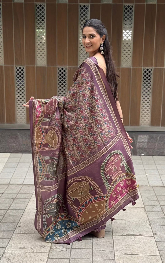 Woman wearing Plum Wine Abstract Tribal Tussar Silk Saree by Ethnic Today.
