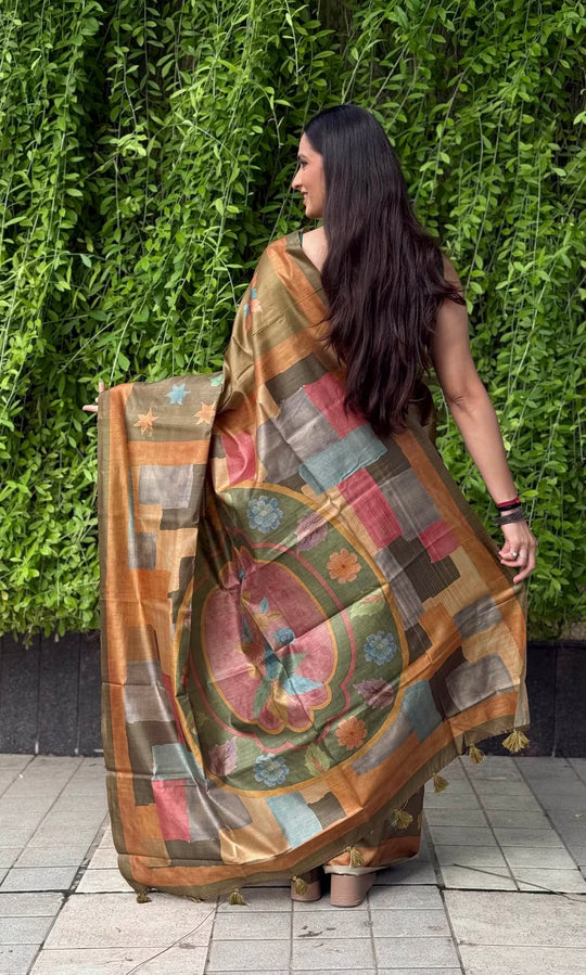 Woman wearing Olive Green Geometric Floral Art Silk Saree by Ethnic Today.