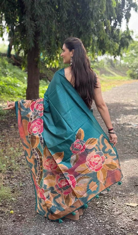 Woman wearing Peacock Blue Floral Tussar Silk Saree by Ethnic Today.