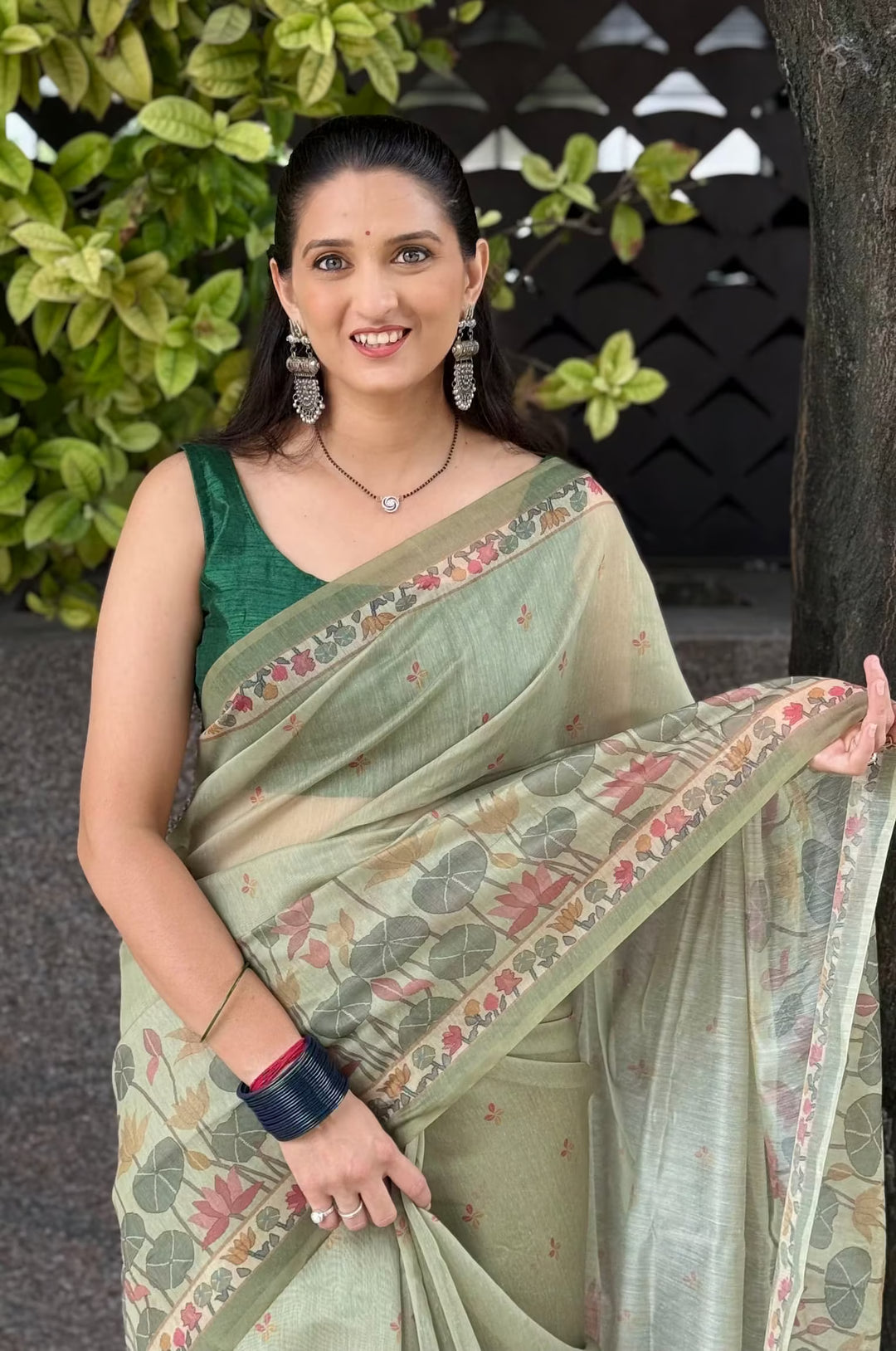 Pistachio Olive Lotus Pond Chanderi Silk Saree for woman.
