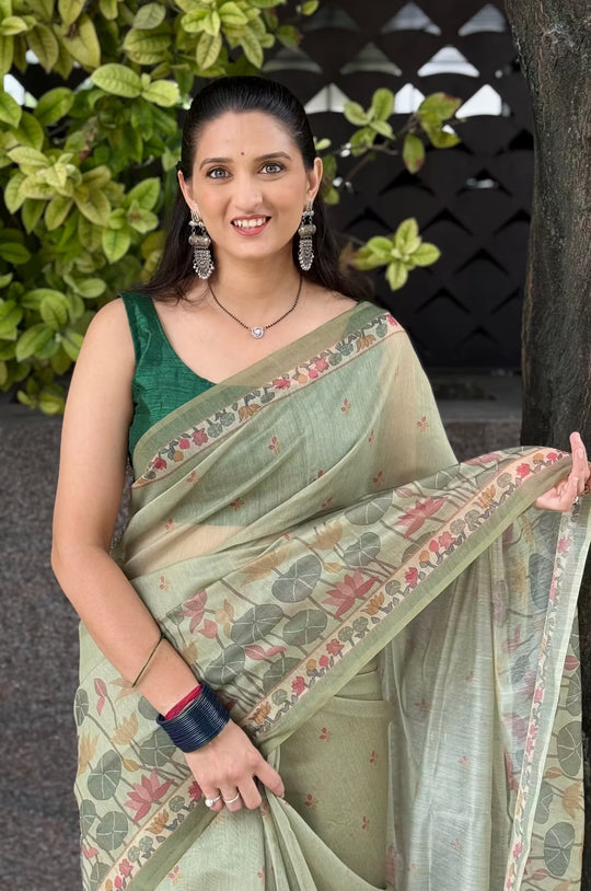 Pistachio Olive Lotus Pond Chanderi Silk Saree for woman.