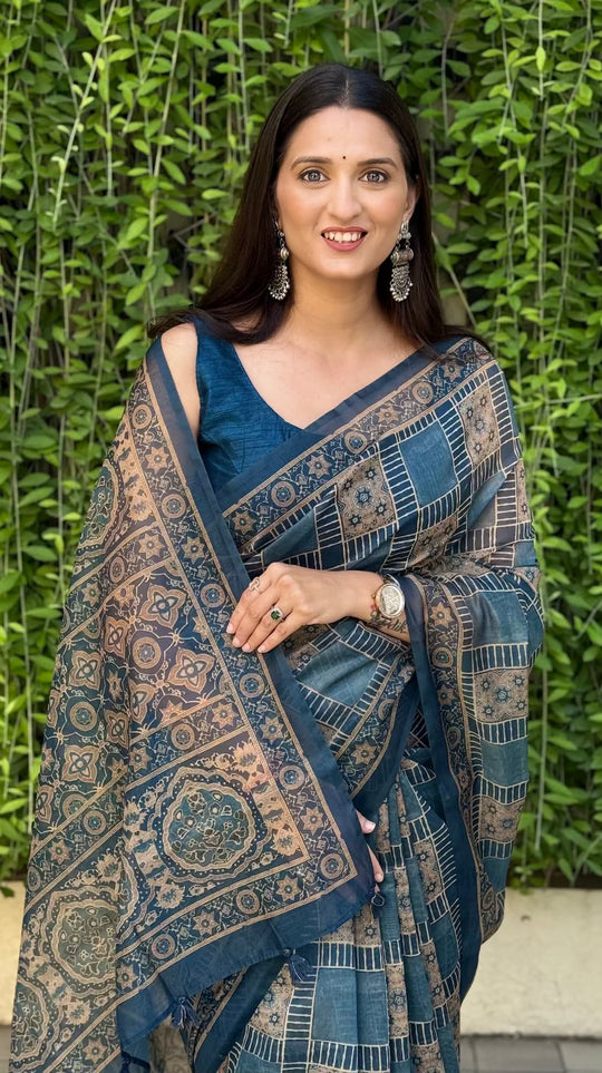 Slate Blue Checkered Chanderi Silk Saree for woman by Ethnic Today.