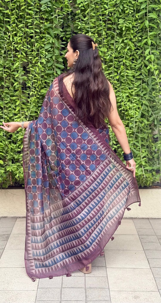 Woman wearing Wine Purple Polka Grid Soft Silk Saree by Ethnic Today.