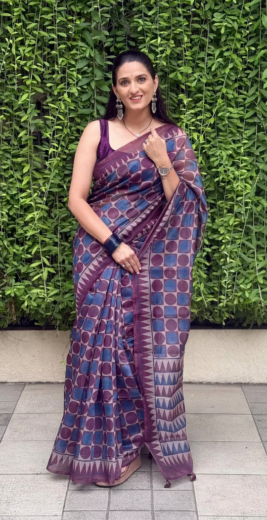 Daily wear chanderi  silk saree for woman in wine and blue print.