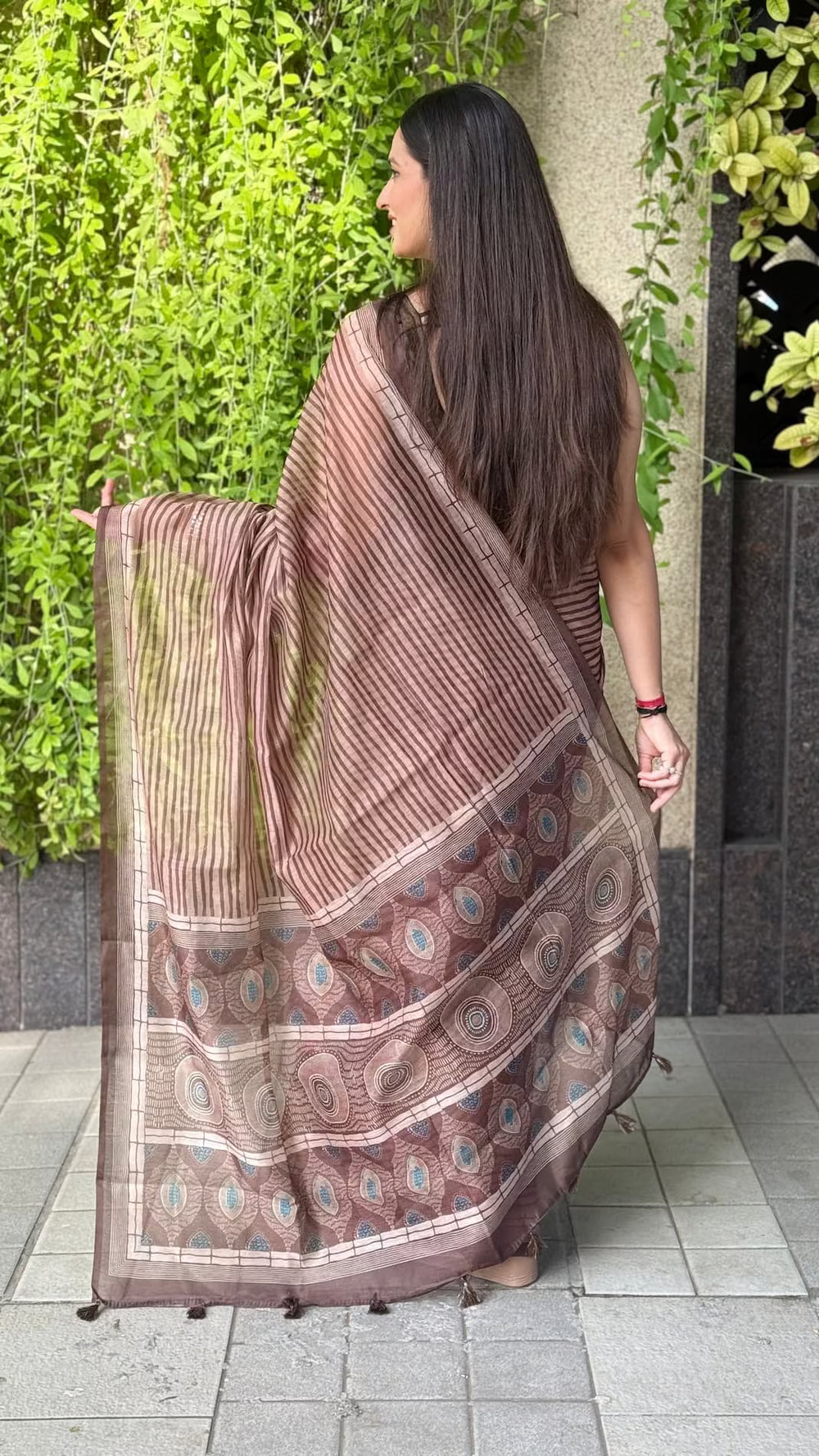 Woman in Brown Striped with Ajrakh Pallu Silk Saree by Ethnic Today.