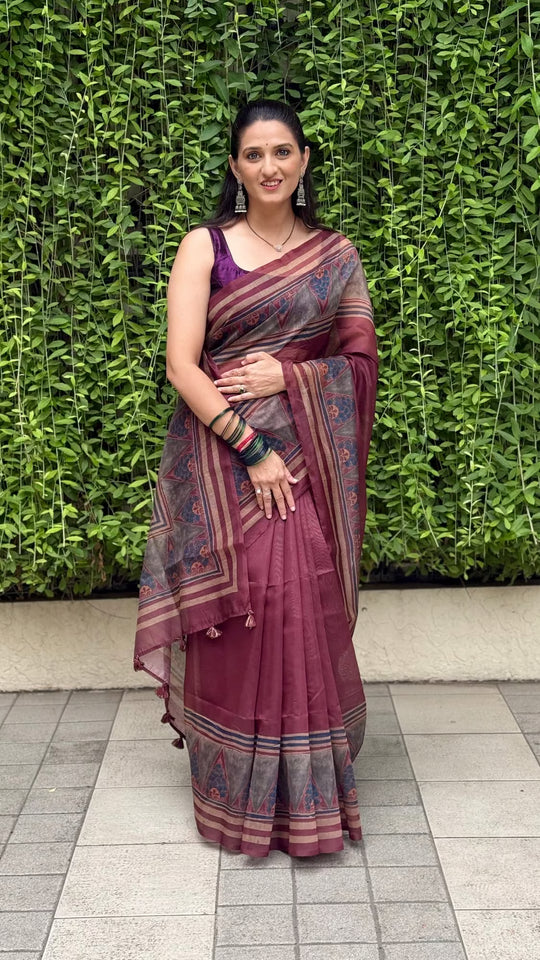 Woman in Deep wime digital printed chanderi silk saree.