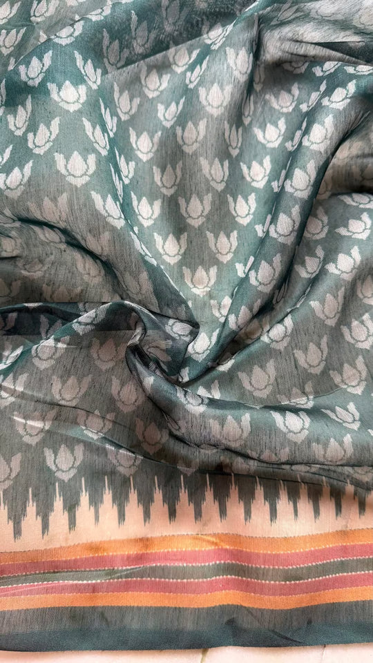 Lotus butti with temple border print chanderi silk saree blouse fabric.