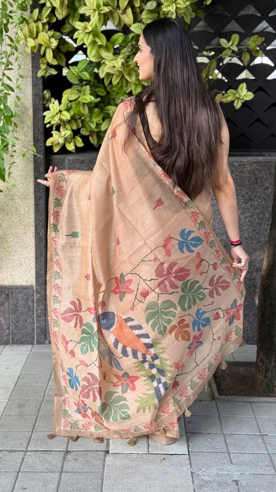 Woman in Terracotta Botanical Leaf Pallu Silk Saree by Ethnic Today.