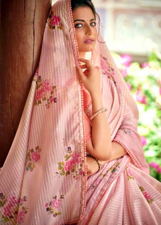 Light Pink Floral printed saree for woman by Ethnic today.
