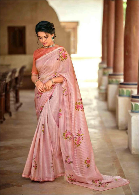 Pink Crochet work Floral printed saree.