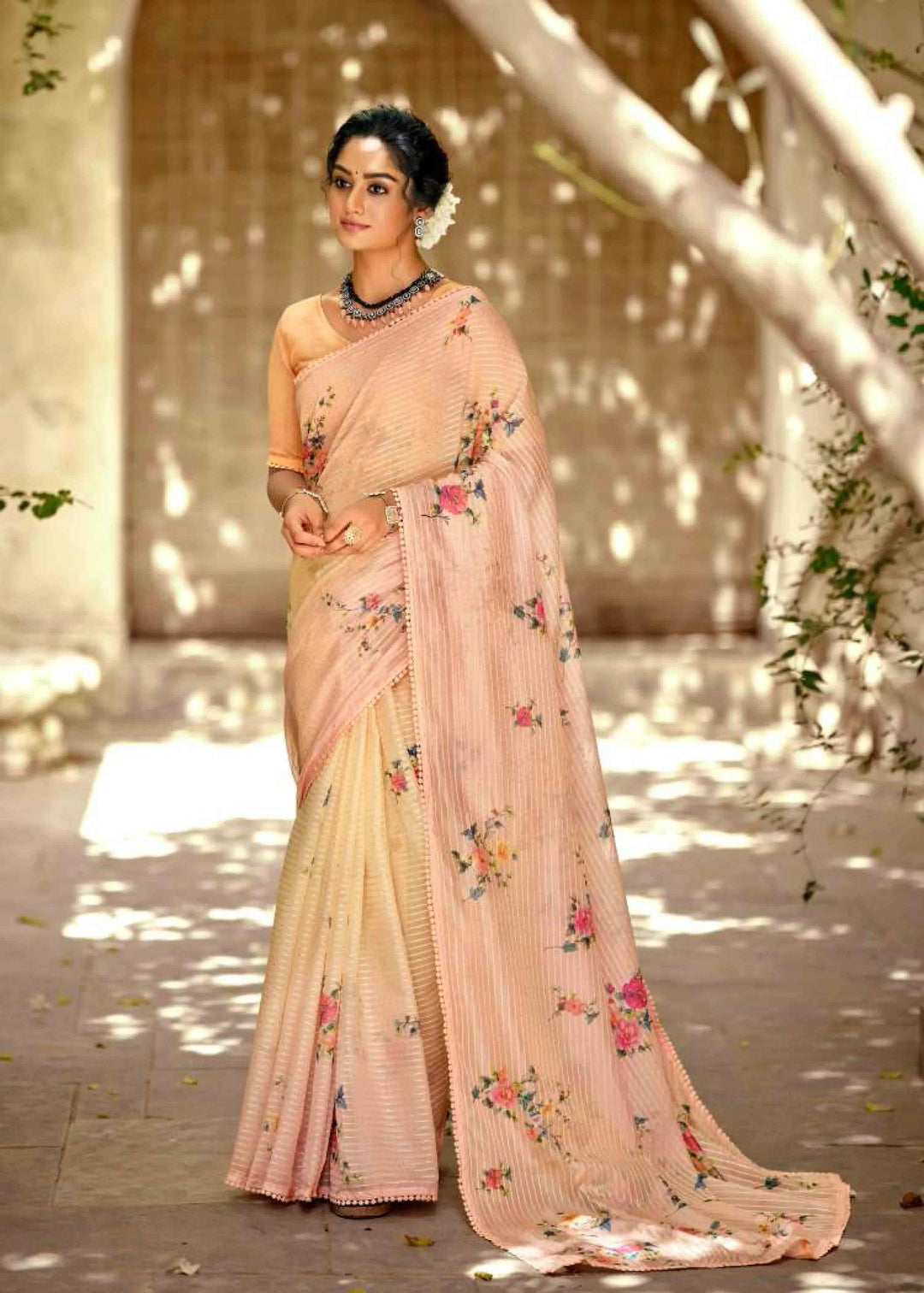 Pastel Pink Floral printed saree for woman by Ethnic today.