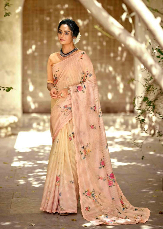 Pastel Pink Floral printed saree for woman by Ethnic today.