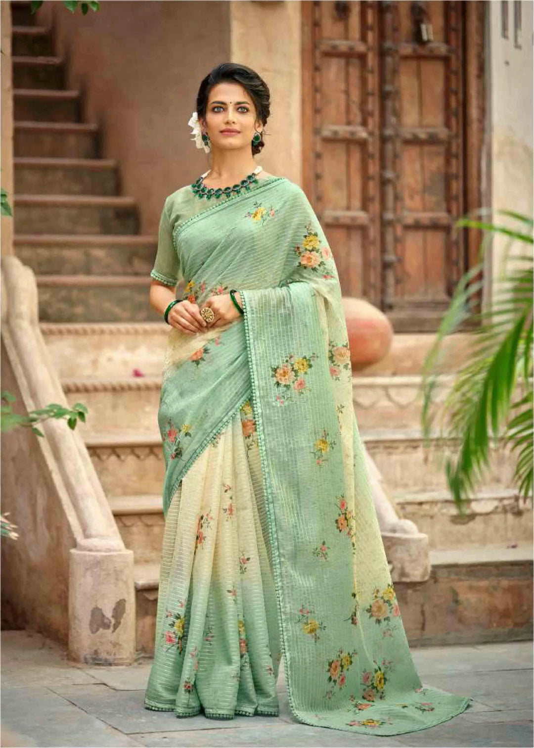 Woman wearing Crochet work Floral printed saree.