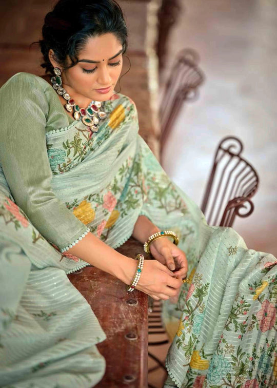 Woman in Green Flower Crochet work printed saree.