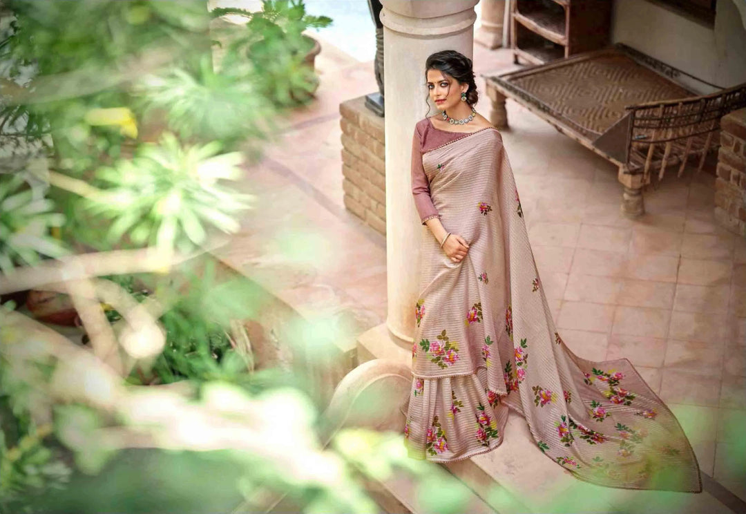 Woman in Coffee Floral printed saree.