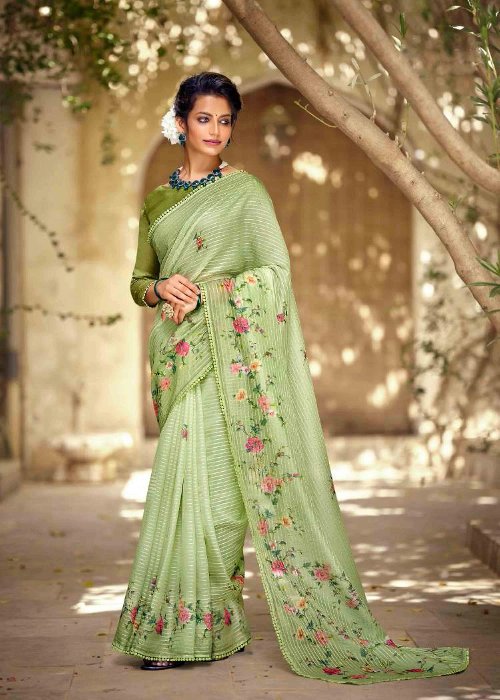Light Green Crochet work Floral printed saree.