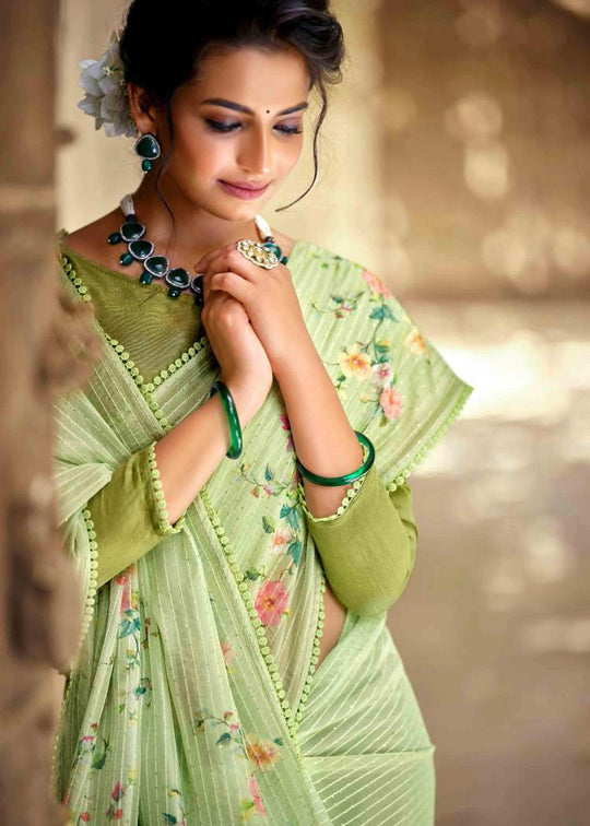 Light Green Floral printed saree for woman by Ethnic today.