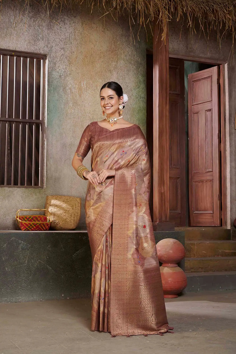Light Brown Flower butti Position print saree.