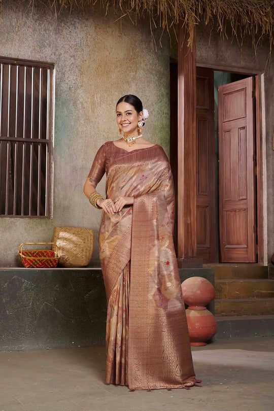 Light Brown Flower butti Position print saree.