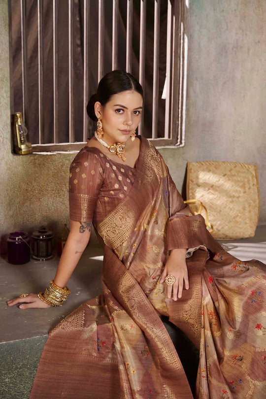 Light Brown Flower Position print saree.