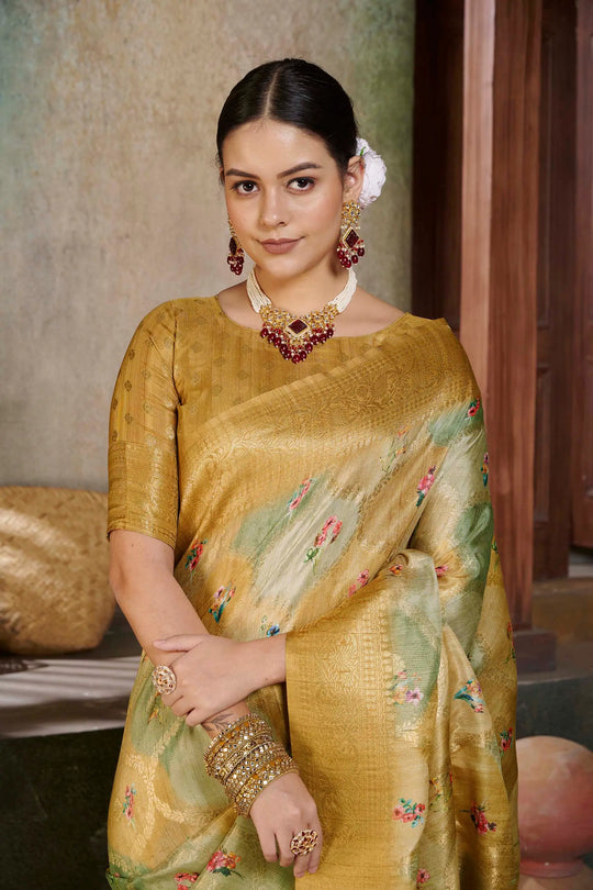 Yellow saree with Floral patterns for woman by Ethnic today.