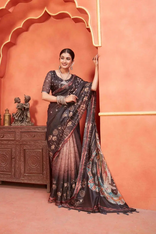 Woman in Dark Brown Pichwai Chanderi printed saree.
