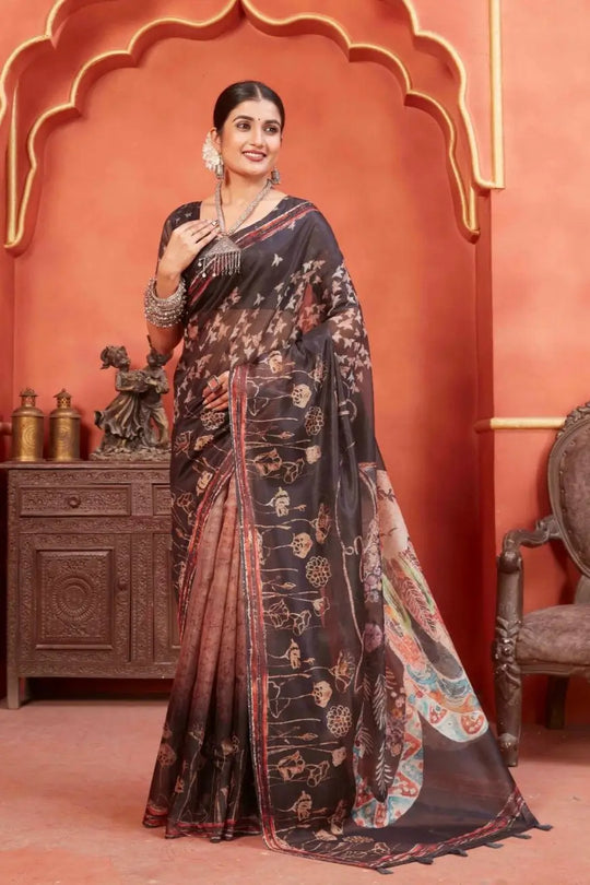 Dark Brown digital printed Chanderi printed saree for woman by Ethnic today.
