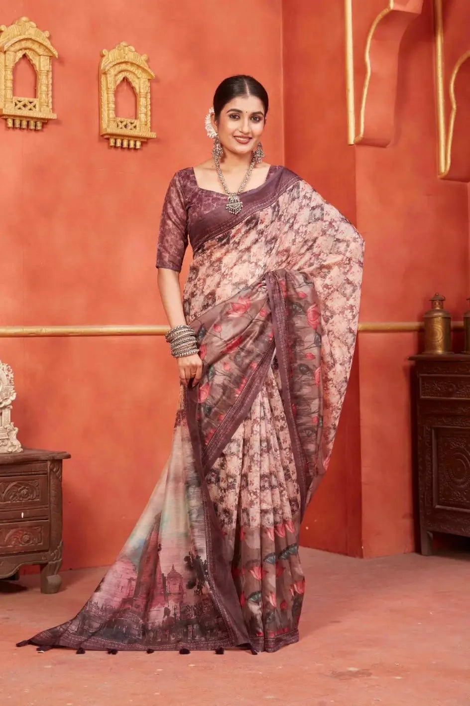 Temple Pallu Pichwai Chanderi silk Printed Saree for woman by Ethnic today.