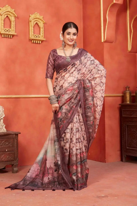Temple Pallu Pichwai Chanderi silk Printed Saree for woman by Ethnic today.