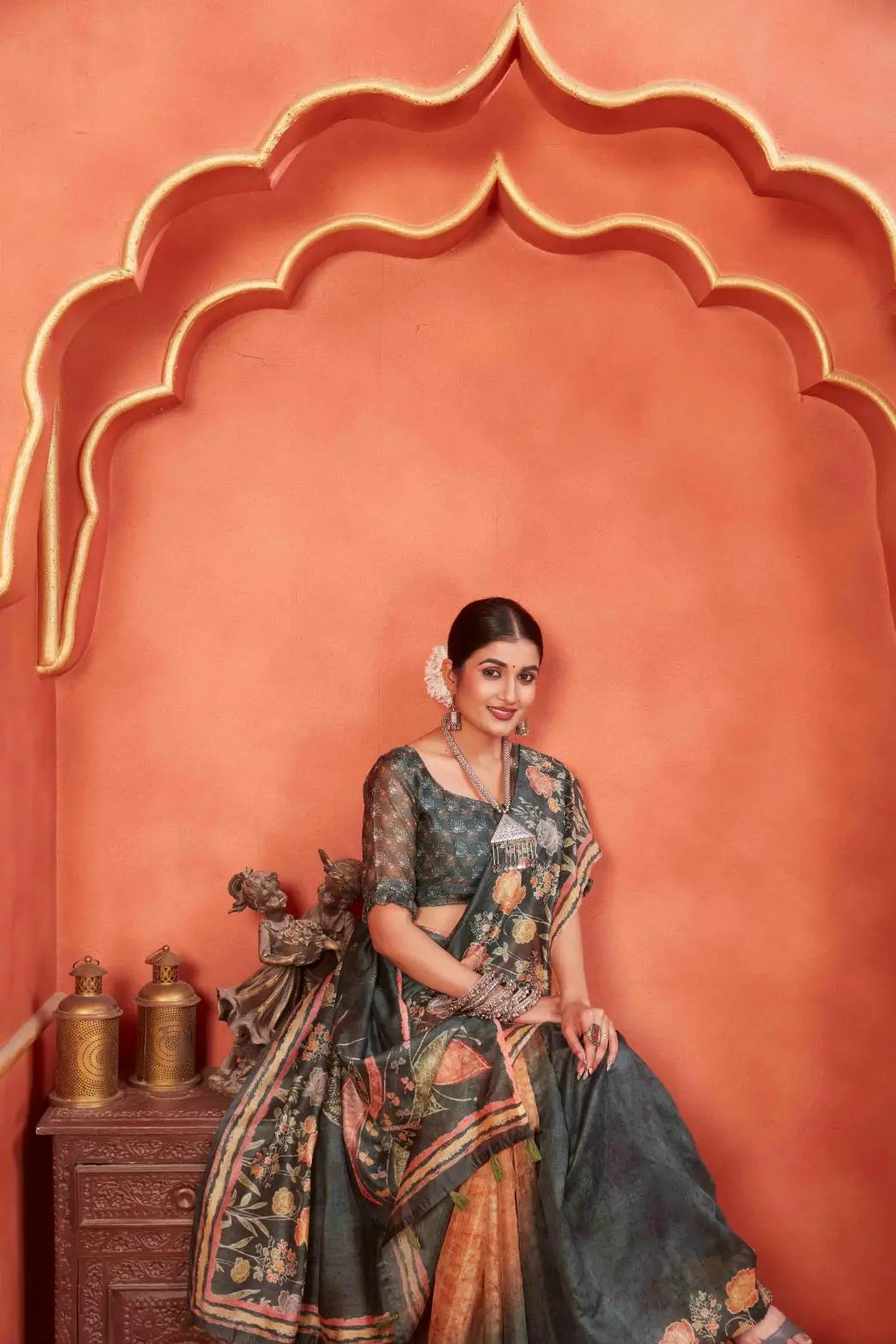 Woman in Mehndi Green Designer Pichwai Chanderi Saree.