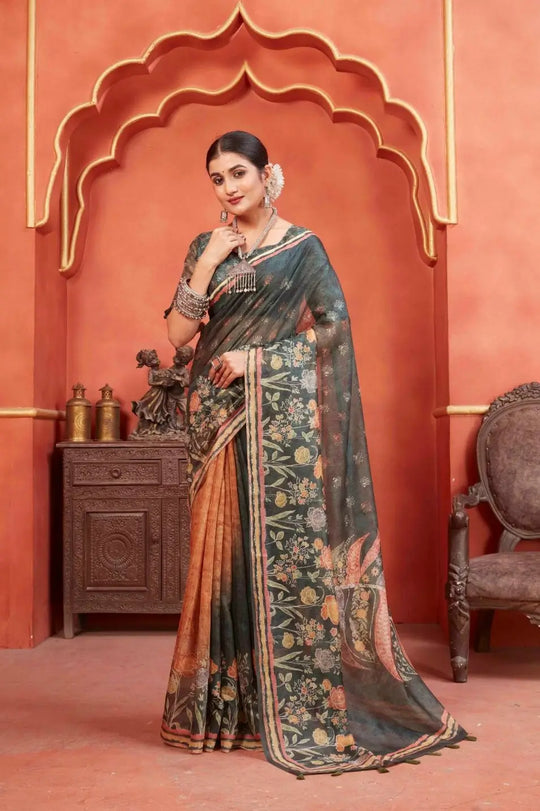 Mehndi Green Designer Pichwai Chanderi silk printed saree for woman by Ethnic today.