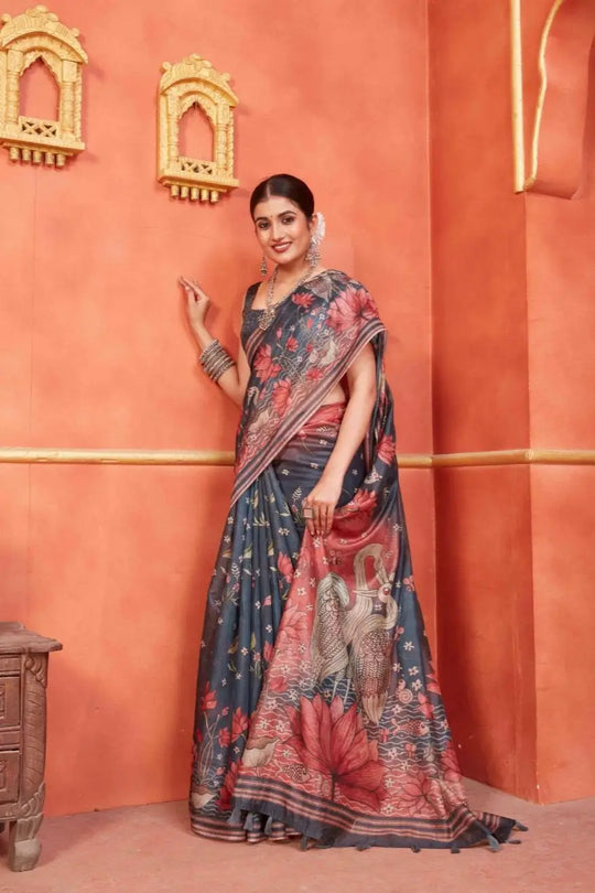 Woman in Lotus & Egret Pallu Designer Chanderi Saree.