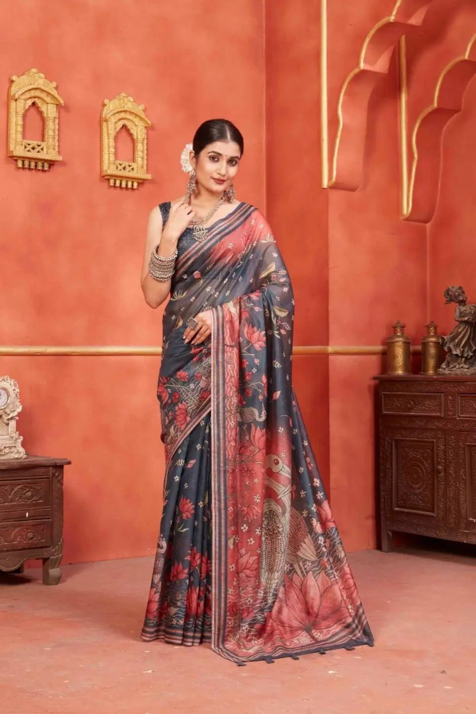 Lotus & Egret Pallu Designer Chanderi printed saree for woman by Ethnic today.