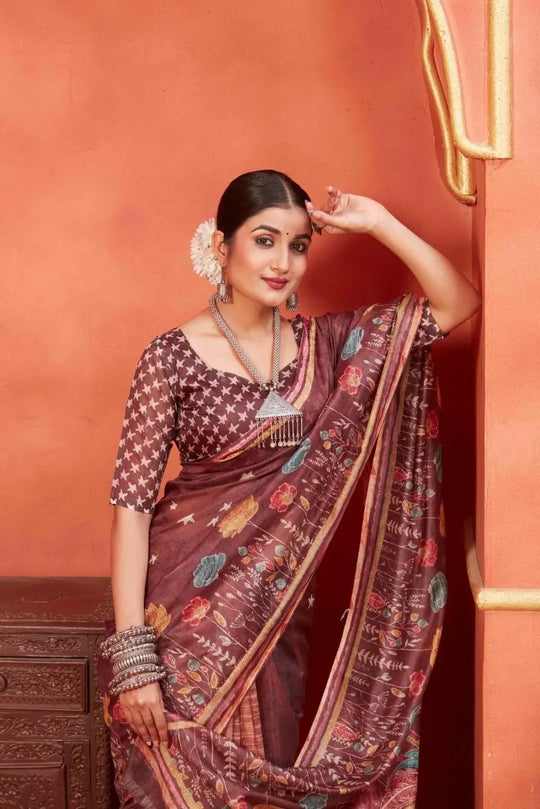 Woman in Maroon Designer Pichwai Chanderi Saree.