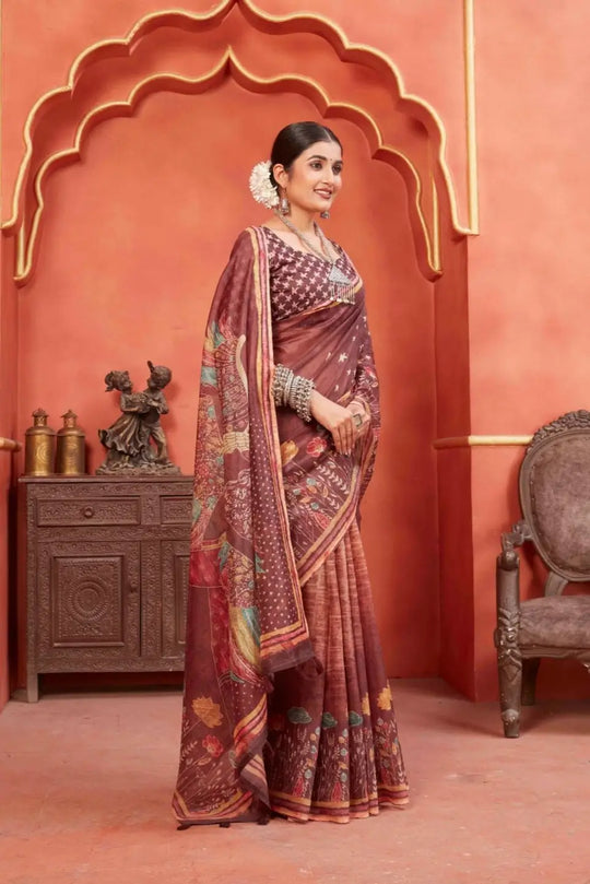 Woman in Maroon Designer Pichwai Chanderi Saree.