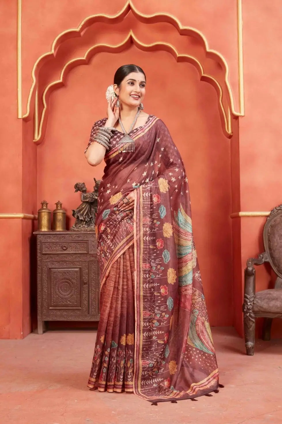 Maroon Designeri Chanderi silk printed saree for woman by Ethnic today.