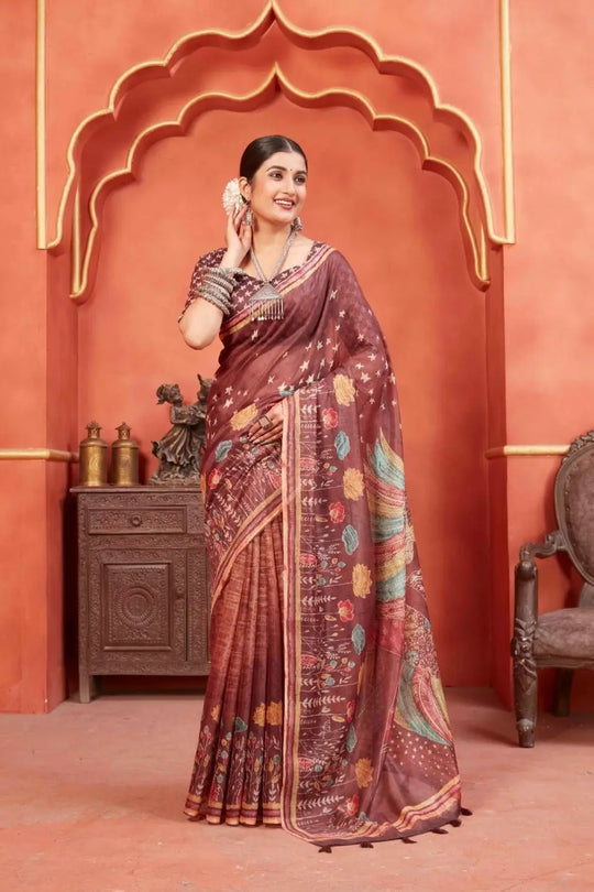 Maroon Designeri Chanderi silk printed saree for woman by Ethnic today.