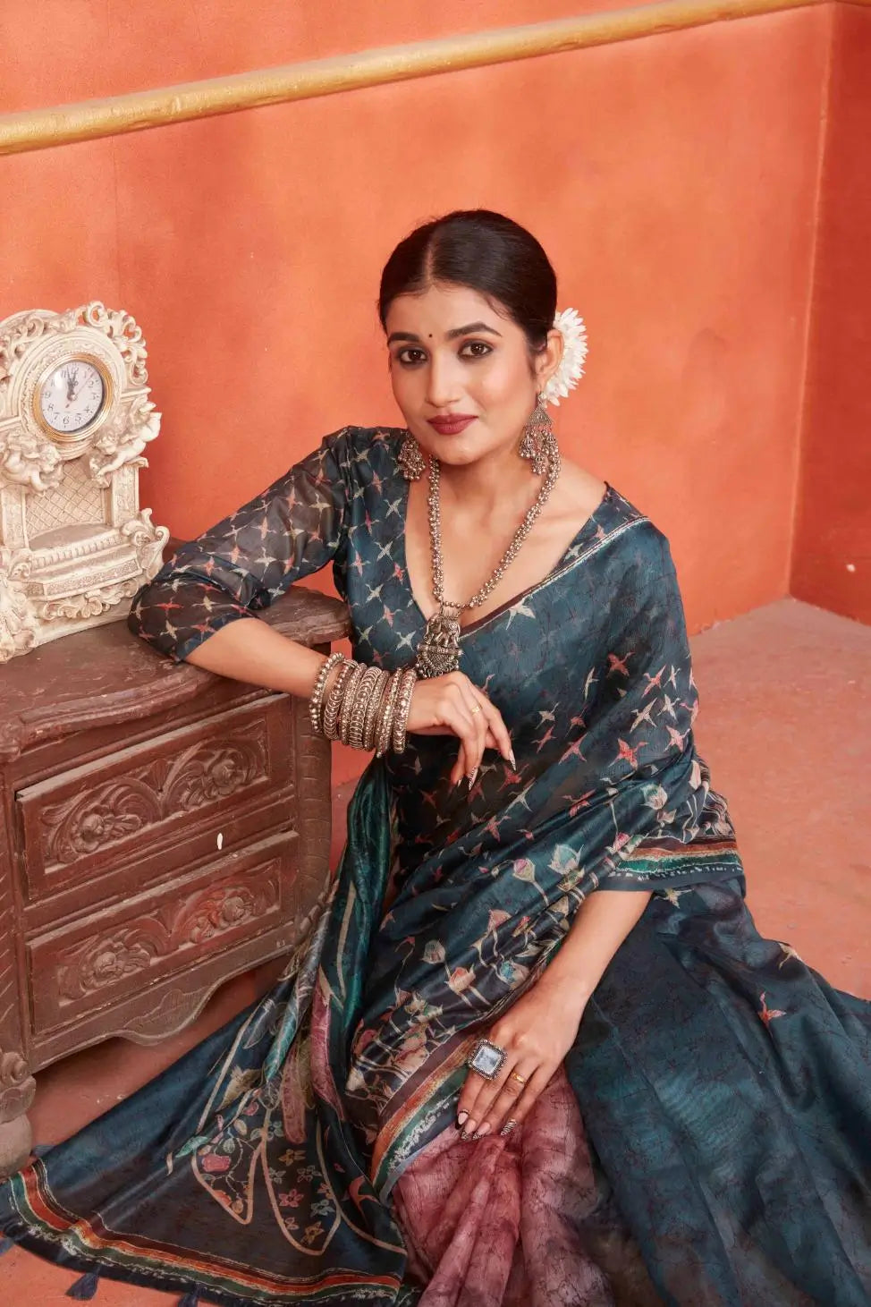 Woman in Indigo Designer Chanderi printed Saree.