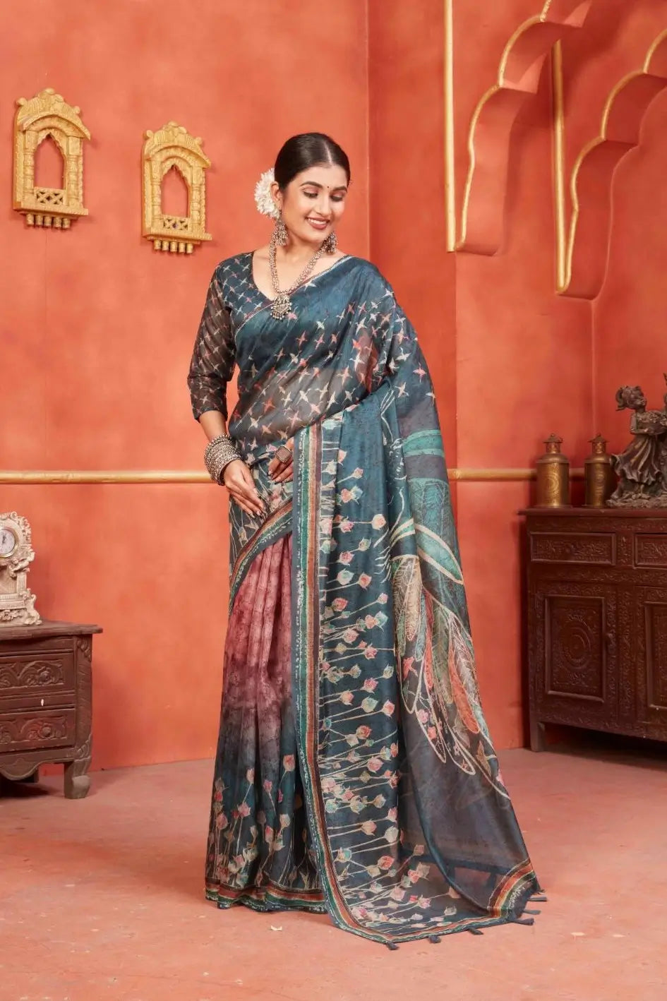 Indigo Designer Chanderi printed saree for woman by Ethnic today.