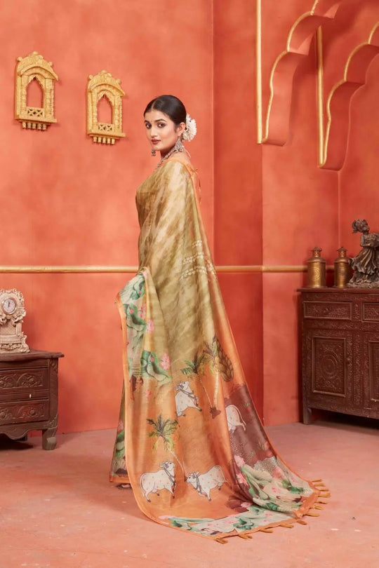 Woman in Lotus & Cow Designer Pichwai Chanderi printed Saree.