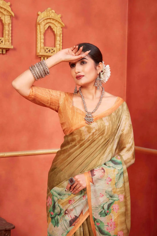 Woman in Lotus & Cow Designer Pichwai Chanderi printed Saree.