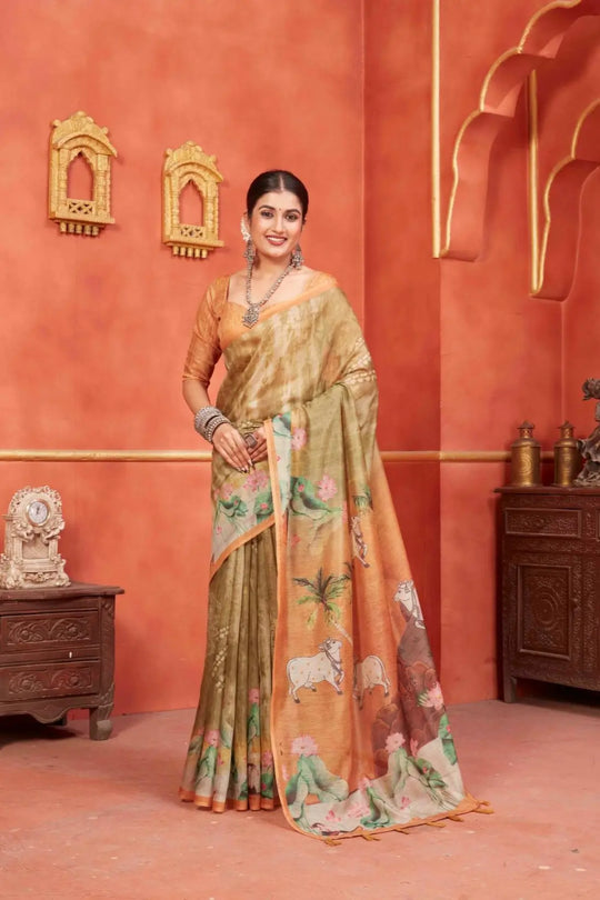 Lotus & Cow Designer Pichwai printed saree for woman by Ethnic today.