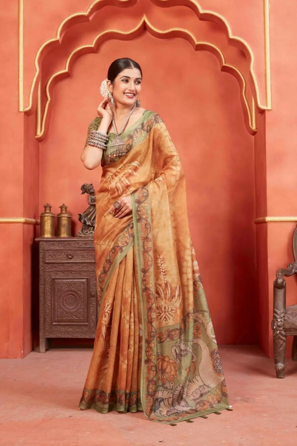 Kalamkari Pallu Pichwai Chanderi silk Printed saree for woman by Ethnic today.