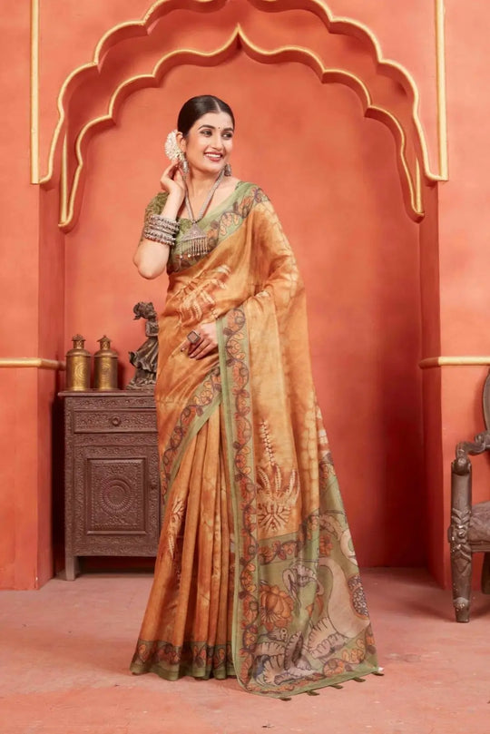 Kalamkari Pallu Pichwai Chanderi silk Printed saree for woman by Ethnic today.